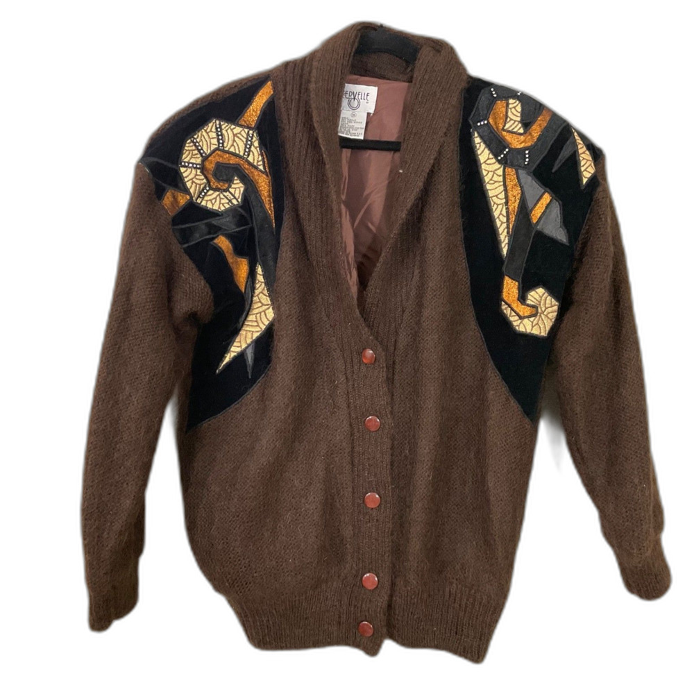 Vintage Cervelle 80s Wool Mohair Cardigan sweater M brown Artsy button up lined